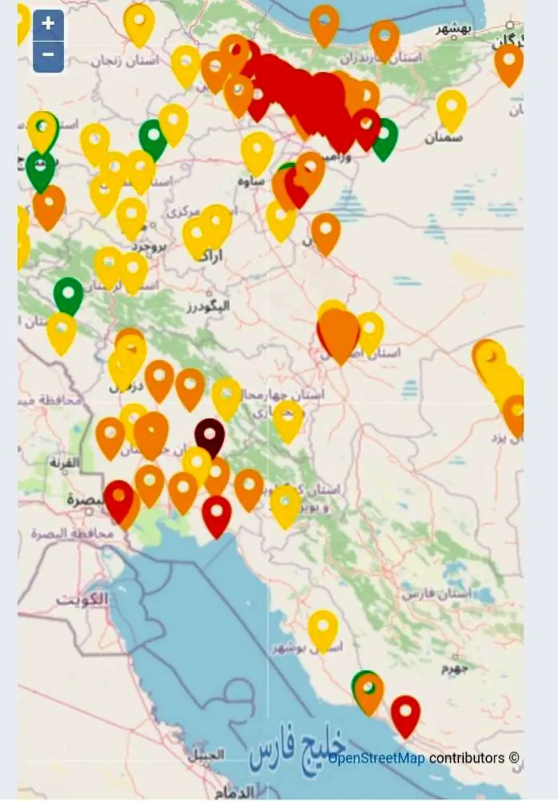 نقشه وضعیت قرمز آلودگی هوا در بیش از ۱۰ شهر کشور